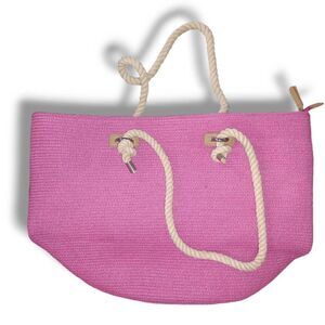 Pink Straw Large Beach Bag Tote Rope Handles Inner Zip Pocket‎